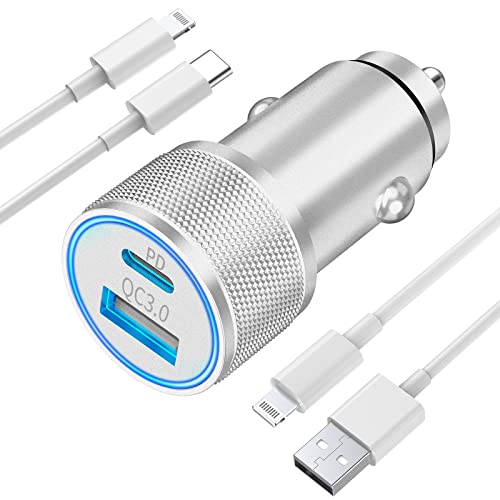 [Apple MFi Certified] iPhone 38W Fast Car Charger, esbeecables Dual Port USB C Power Delivery All Metal Mini Lighter PD/QC3.0 Car Charger with 2 Pack Lightning Cord Compatible with iPhone/iPad/Airpods