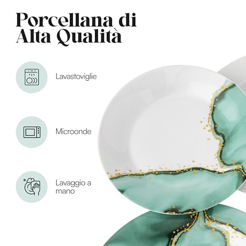 Baroni Home Servizio di Piatti da 18 pezzi in Porcellana, Servito da Tavolo Colorato per 6 Persone, Piatto Fondo, Piano, da Frutta o Dolce, Stile Marmorizzato - immagine 4