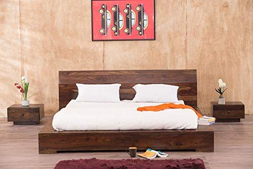 Image of Sheesham Solid Wood Voted Platform Queen Size Without Storage Wooden Bed for Beautiful Bedroom Room (Queen, Mahogany)