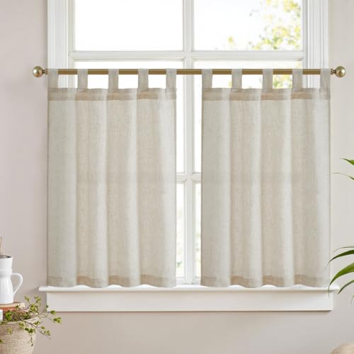Vangao Rideau Cuisine Lin Translucide Rideaux Courts avec Pattes Petit Rideau Nature Intérieur Moderne pour Salon Placard Chambre Fenêtre Décoration 2 Pièces 65x90cm