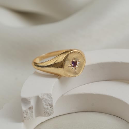 Gempires Purple Amethyst North Star Signet Rings with 14K Gold Plated, February Birthstone, Lightweight, Statement Rings for Women, Simple Everyday Jewelry, US Size-8 - Image 6