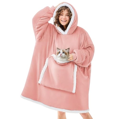 JOYWOO Pink Wearable Blanket Hoodie,Oversized Cat Lovers Sweatshirt Blanket for Adult, Birthday Gifts for Women,Mom,Men,Cozy Sherpa Hooded Blanket with Giant Pocket Winter Gifts,Mellow Rose Standard