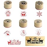 7pcs Christmas Stamps for Card Making Crafting, Wooden Rubber Stamps Merry Christmas Stamp Santa Reindeer Snowflake Snowman Xmas Tree Design Stamp for Xmas Scrapbooking Gift Wrapping