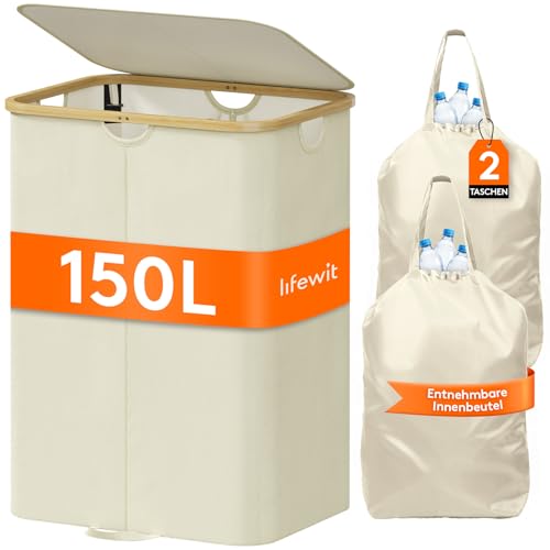 Lifewit 150L Pfandflaschen Sammelbehälter mit 2 Fächern und Deckel, Beige