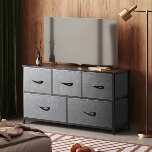 Image of WLIVE Dresser with 5 Drawers, Fabric Storage Tower, Organizer Unit for Bedroom, Hallway, Entryway, Closets, Sturdy Steel Frame, Wood Top, Easy Pull Handle