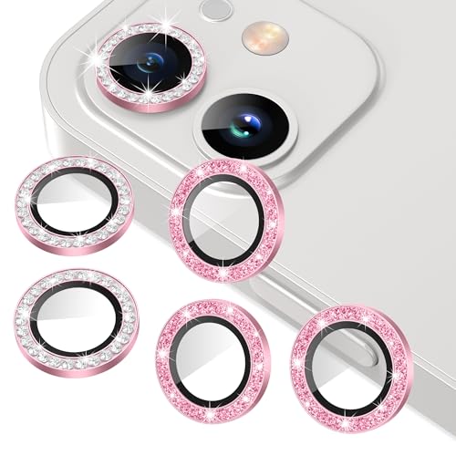 AGVEE 3+3 6 Pack for iphone 12 Pro/12/12 Mini/11 Pro Max/11 Pro/11 Camera Lens Protector Bling Diamond & Bling Glitter Metal Ring 9H Tempered HD Glass Camera Cover Bling-Pink