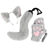 Pjeghbvop Juego de disfraz de gato de Halloween de 3 piezas para niña, cosplay, Halloween, accesorios de disfraz de gatos con diadema, cola, guantes y accesorios de juego de rol, gris, Talla única