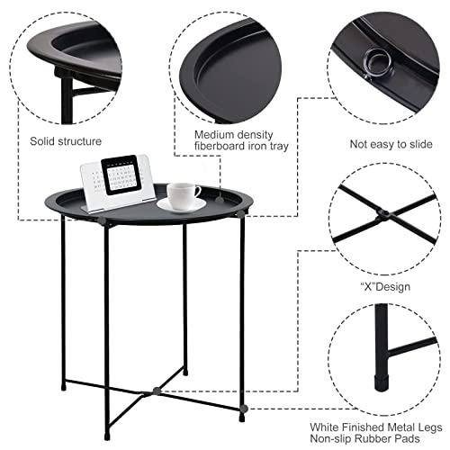 Garden 4 You Folding Tray Metal Side Table Black Round End Table Cyan Sofa Small Accent Fold-Able Table, Round End Table Tray, Next To Sofa Table, Snack Table For Living Room And Bed Room #TOP5