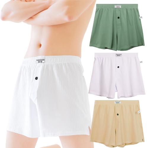 Mens Cotton Boxer Shorts,Soft Button Front Cotton Blend Breathable EverydayWear,Boxer Shorts For Men Cotton, 3Pack