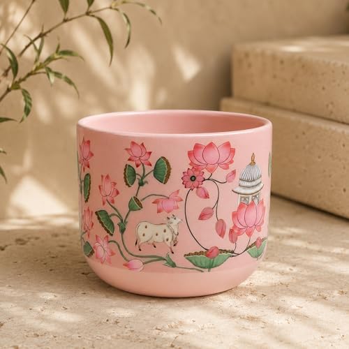Image of Habere India-All the Cultures Fabricating India Pichwai Art Hand Painted Terracotta Planter | Pink Lotus Floral Indoor Plant Pot | Breathable Clay Pot with Drainage Hole (Pink: L12 x W12 x H10 cm)