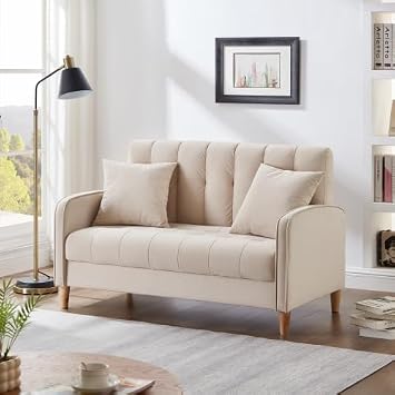 Velvet Loveseat Sofa, Mid-Century Modern 52 Small Sofa Couch for Bedroom, Comfy Love Seat, Upholstered Sofas for Living Room, 2 Seater Wood Armchair, Mini Couches/ Lounge Chair,Deep Seats Beige