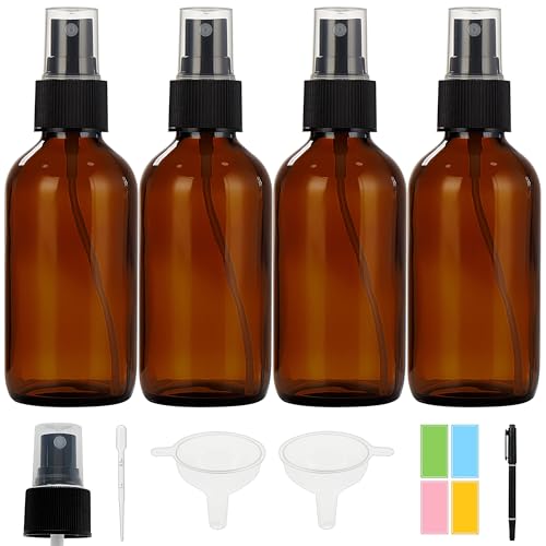 Bastelica Dark Amber Glass Spray Bottles 4 oz Small Glass Spray Bottles for Essential Oils Fine Mist for Face Hair Plants Travel Perfumes Cleaning Solutions - 4 Pack
