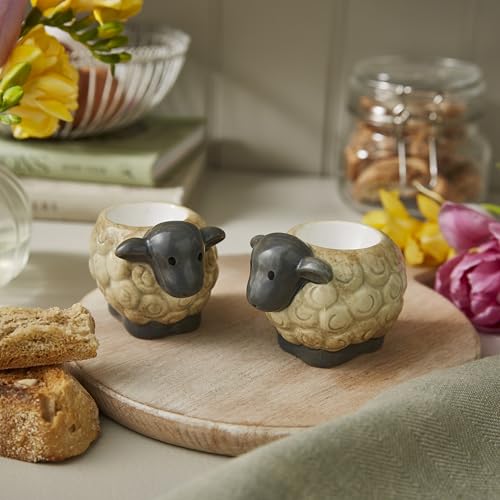 Cooksmart Highland Sheep Eierbecher Set mit 2 Stück, Britisches Design, Steingut, rustikaler Schaf- und Naturdruck, Frühstücksgeschirr im Bauernhaus-Stil, langlebiges und dekoratives Küchenzubehör – Bild 5