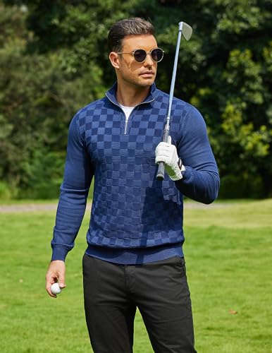 COOFANDY Quarter Zip Pullover Men Dress Sweaters Long Sleeve Jacquard Checkered Sweater4
