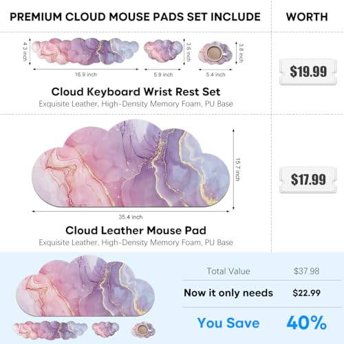 JIKIOU Large Cloud Mouse Pad Waterproof with Cloud Keyboard Wrist Pad and Cloud Mouse Wrist Pad Set, Ergonomic Computer Desk Wrist Support Mousepad for Keyboard and Mouse 35.4x15.7in Marble Pink