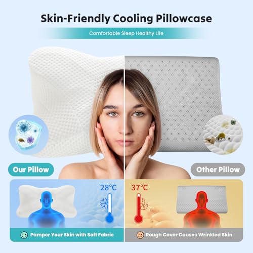 Image of DUMOS Cervical Neck Pillow, Cooling Ergonomic Memory Foam Pillows for Neck Pain Relief with Breathable Pillowcase, Dual Height Orthopedic Support Contour Pillow for Side, Stomach Sleepers, White