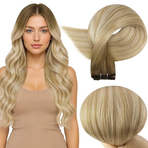 Image of Full Shine 18 Inch Weft Hair Extensions 105G Ombre Brown To Platinum Blonde | Sew In Weft, Chestnut Brown To Honey Blonde Mix Platinum Blonde, Remy Straight Hair, Daily Wear, Party Styling
