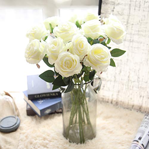Bringsine Artificial Silk Flowers Realistic Roses Bouquet Long Stem for Home Wedding Decoration Party (White)