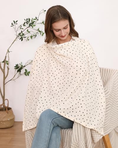 Image of Nursing Cover for Baby Breastfeeding with Rigid Hoop, Breathable Soft 100% Muslin Cotton, Baby Breast Feeding & Pumping Apron (Beige Polka dots)