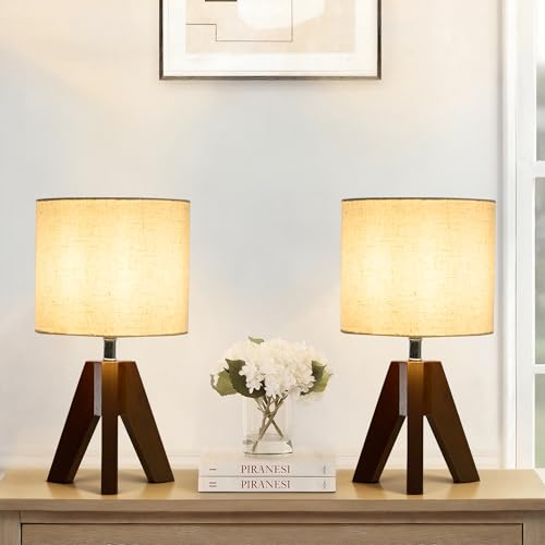 Booniture Set of 2 Bamboo Tripod Table Lamps, Stepless Dimmable Nightstand Lamps, Beige Linen Shade, Boho Modern Bedside Lamps for Bedroom Living Room Office