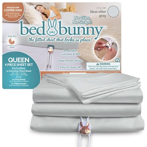 Bed Bunny Queen Locking Fitted Bed Sheet Set, Stays On & Won’t Slip Off, Built-in StayFit Compression System Hugs Mattresses, AS-SEEN-ON-TV, Wrinkle & Stain Resistant CopperSoft™ Fabric (Gray)