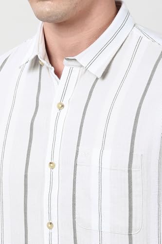 Image of Peter England Men's Linen Blend Shirt | Subtle Stripes | Full Sleeves