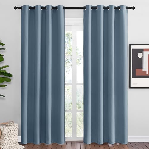 Image of NICETOWN Smoky Blue Blackout Curtains 86 inches Length for Living Room, 2 Panels, 55 inch Wide, Thermal Insulated Long Drapes for Large Window