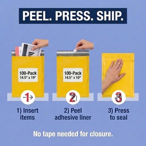 Image of BOX USA Shipping Bags 14 inch x 19 inch (100-Pack) Yellow - Large Heavy Duty Self-Adhesive Envelope Poly Mailers for Packing, Secure Shipping, & Small Business Mailing