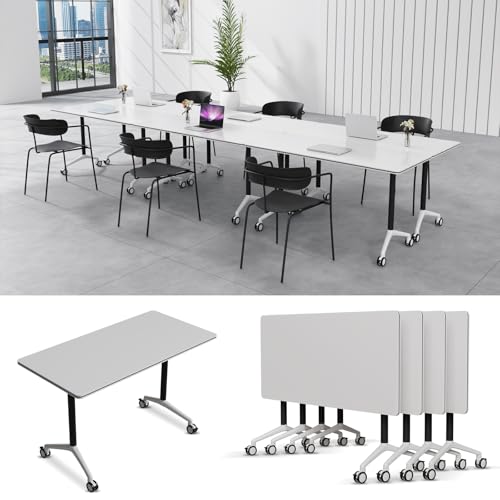 6-8 Person Conference Table Folding Conference Table for Office、Training, Seminar,Schools Modern Wood Conference Meeting Room Table Large Rectangular Conference Room Tables (6, White-2, 47in)