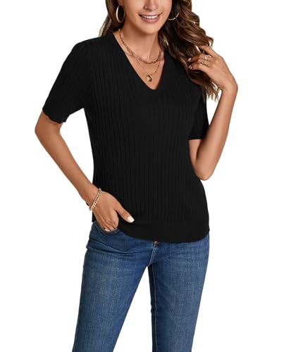 Image of Women Summer Knit Shirt Blouse V Neck Short Sleeve Pullover Sweater Tops