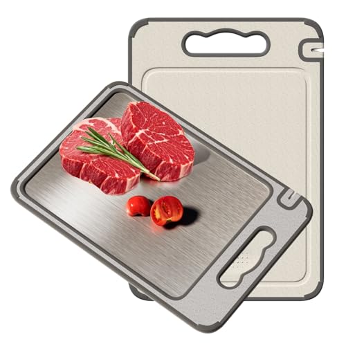 Schneidebrett für Küche, Doppelseitiges Schneidebrett aus 304 Edelstahl und Weizenstroh Kunststoff, Cutting Board für Fleisch, Brot, Gemüse & Obst, Schneidebretter Spülmaschinenfest