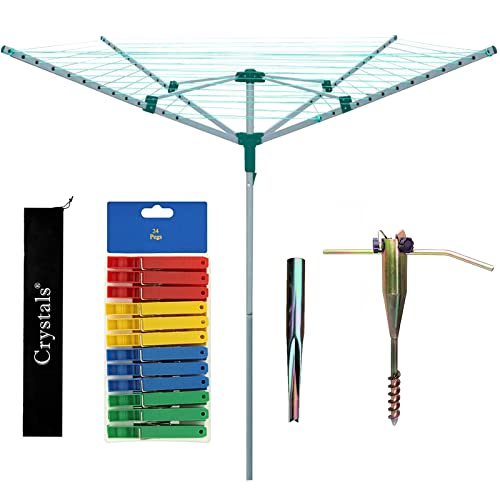 Crystals 4 Arm 50M ROTARY Washing Line | Includes Washing Line COVER + Two Ground SPIKES + 24 Pegs | Outdoor Clothes Airer | Portable Folding Washing Line - Floor Mount