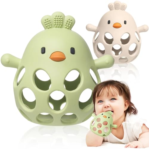 Image of ZARKEET 2 Pack Baby Teething Toys Soft Silicone, Baby Teethers for Babies 3-6 Months BPA Free, Anti-Drop Teething Mitten, 100% Food-Grade Silicone, Baby Chew Toys for Sucking Needs (Green & Beige)