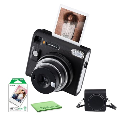 Fujifilm Instax Square SQ40 Instant Camera Vintage Black Bundle with Fuji Instax Film Value Pack (20 Exposures) + Carrying Case + Cleaning Cloth