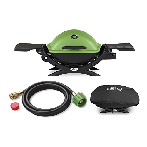 Weber Q 1200 Liquid Propane Grill (Green) Bundle with Adapter Hose and Grill Cover (3 Items)