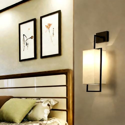 Aplique de pared rectangular negro con pantalla tejida y luz cálida 3000K para dormitorio 7