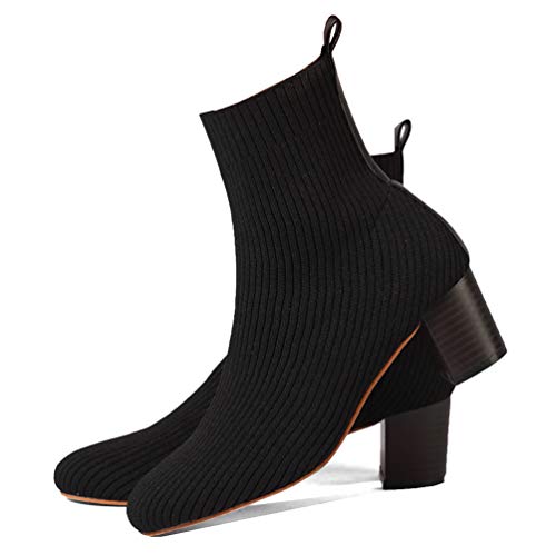 GATUXUS Women's Glove Chunky Mid Heel Ankle Boots Pointed Toe Knit Sock Style Booties Casual Warm Shoes4