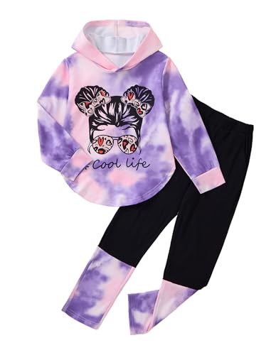 Image of Girls 2 Pcs Fall Winter Tie Dye & Leggings Outfits For Teens 5-14 | 2026 Girls Fashion Trendy, Long Sleeve Hoodie, Cool Life Print, Patchwork Pants, Back to School Holiday Tracksuit