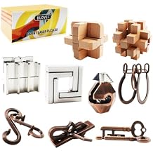 9PCS Brain Teaser Puzzles for Adults, Mind Puzzle Ancient Wooden and Metal Puzzles 3D Unlock Interlock IQ Puzzle Box Game for Adults