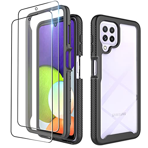 Dzxouui for Samsung Galaxy A22 4G Case with 2 Pack Screen Protector,Samsung A22 Case,Heavy Duty Protective Bumper Hybrid Back Clear TPU Cover Phone Cases for Samsung Galaxy A22 4G(XK-Black)