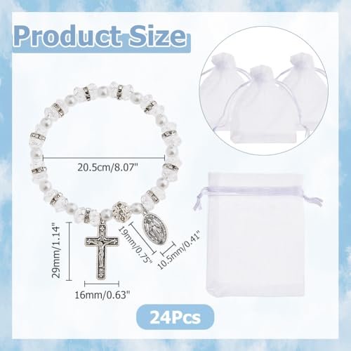 24pcs Beaded Stretch Rosary Bracelet Rosary Bead Bracelet with Mesh Bags Baptism Communion Shell Bracelets Seashell Color Catholic Bracelets with Crucifix for Women2