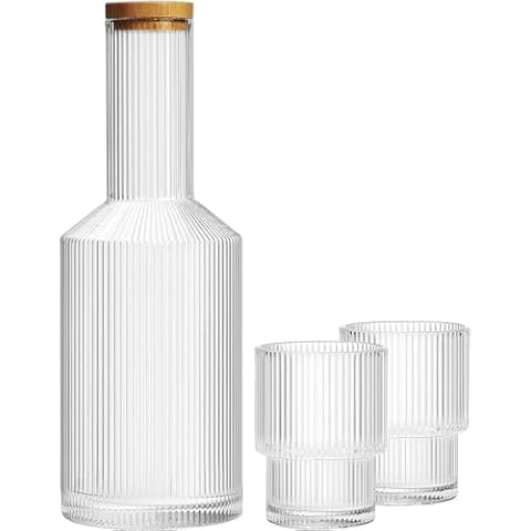 ALINK Glass Bedside Water Carafe with Lid and Glass Cups Set, Ribbed Carafe Glassware Drinking Glasses for Nightstand, 27oz Vintage Fluted Glassware Water Pitcher - Clear Cover