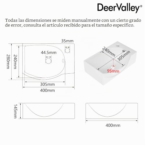 Lavabo de pared DeerValley pequeño para esquinas con agujero para grifo y rebosadero 4