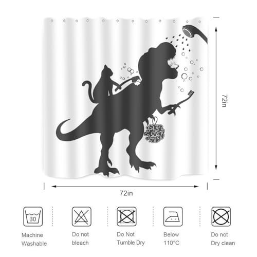 Image of Cat Dinosaur Shower Curtain Funny Cartoon Cat Dino Bathe for Kids Boys Trex Silhouette Shadow Black White Design Artwork Bathroom Decor Waterproof Fabric 72Lx72W Inch with Hooks