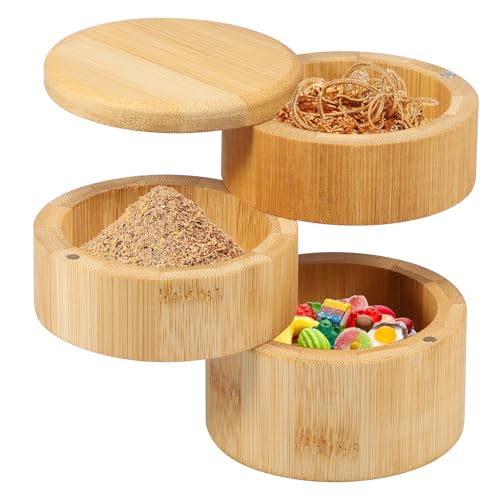 Bamboo Salt Cellar with Magnetic Cover 3 Layer Bamboo Salt Box One Hand Handling Salt Storage Container Large Capacity Spice Container 3.5×4.5 Inch Kitchen Salt Box for Salt Spices peppercorns