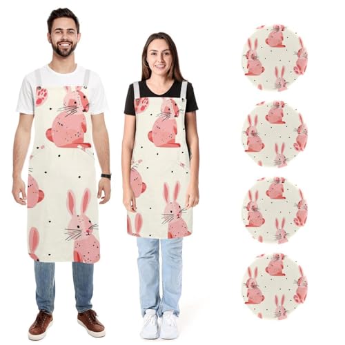 Lot de 2 tabliers de cuisine lapin rose résistant à l'eau avec poches