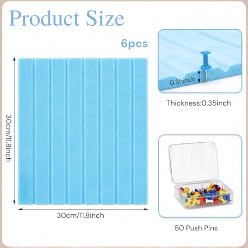 Image of QUIET CANVAS Acoustic Wall Slat Pinboard, 1x1ft, Pack 6, 50 PushPins Blue