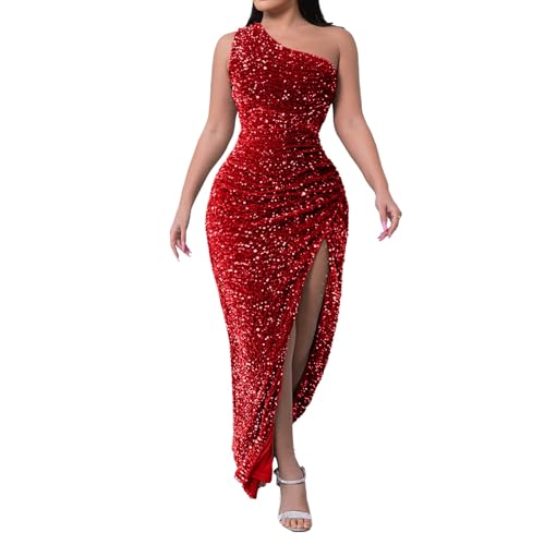 Robe à paillettes pour femme rouge longue et moulante pour bal et cocktail