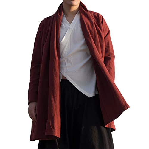 PTATT Chinesische Mitte Länge Tang Anzug Baumwollwäsche Hanfu Männer Umhang Retro Zen Kleidung Taoistische Robe Kleid red-L
