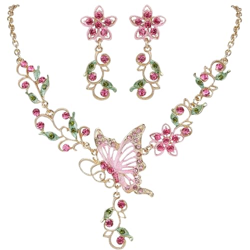 EleQueen Womens Austrian Crystal Butterfly Flower Leaf Necklace Earrings Set Gold-Tone Pink